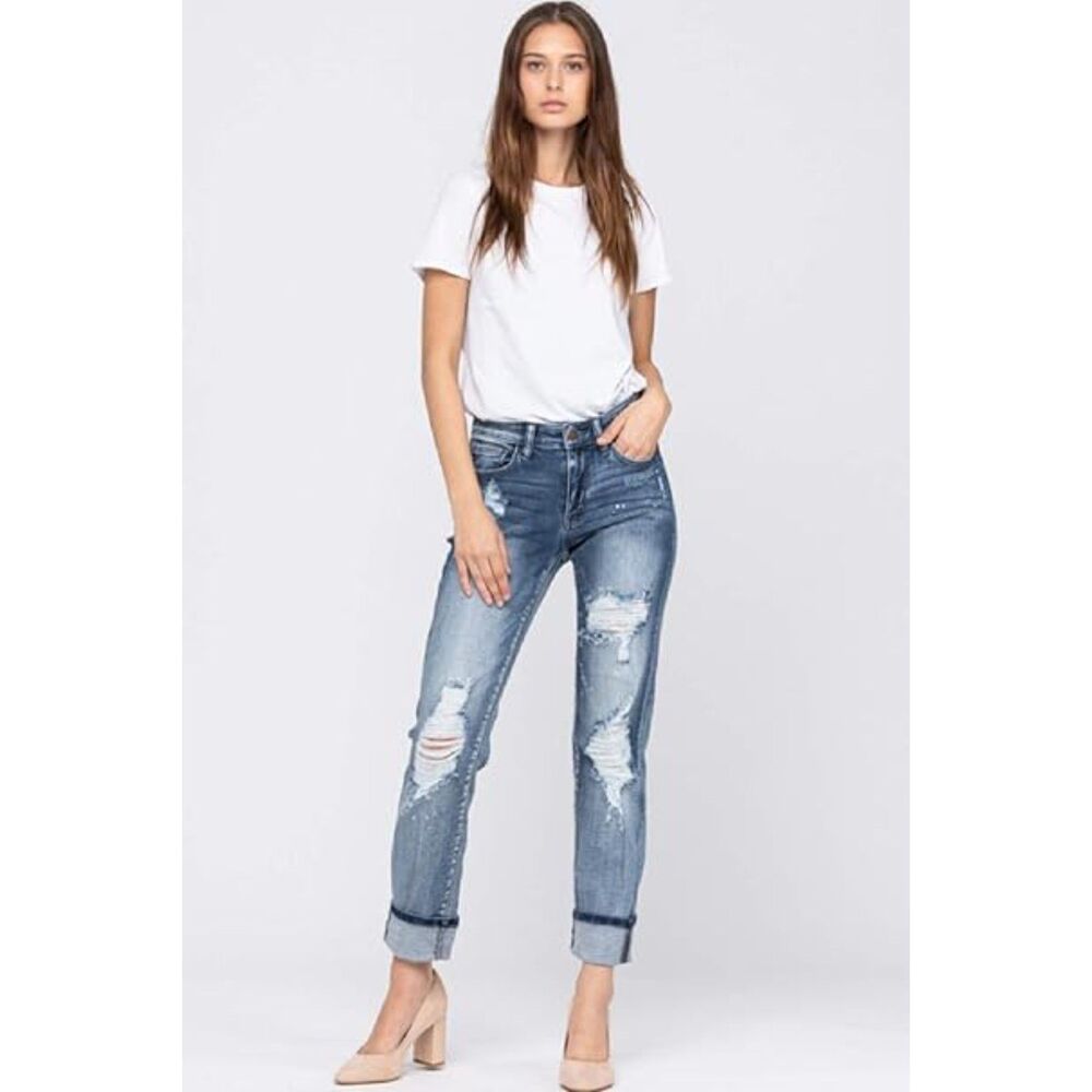 Judy Blue Destroyed Bleach Splatter Boyfriend Fit Jeans (11/30)